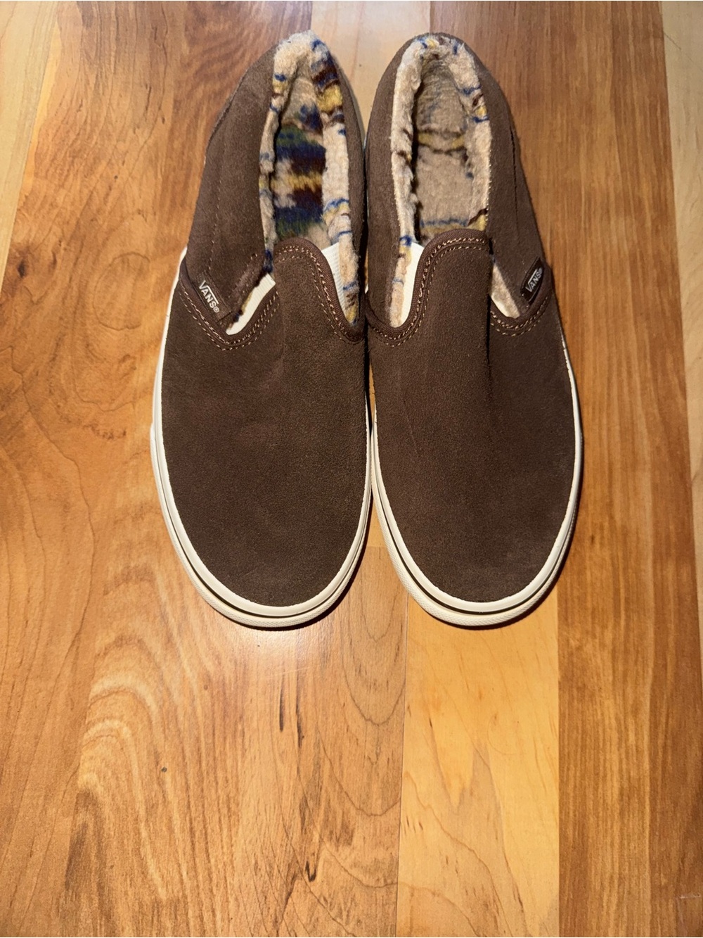 Vans Brown Suede Slip-On Loafers with Patterned Fleece Lining